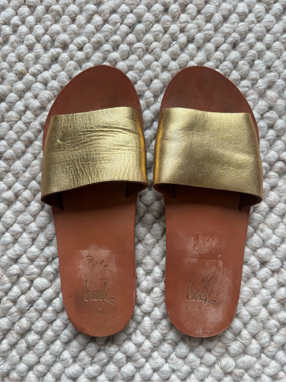 beek Metallic Gold Leather Slide Sandals